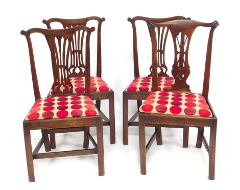 Three 19thC mahogany dining chairs, each with a shaped back, pierced splat, drop in seat, on square legs united by stretcher, together with a further mahogany dining chair. (AF)