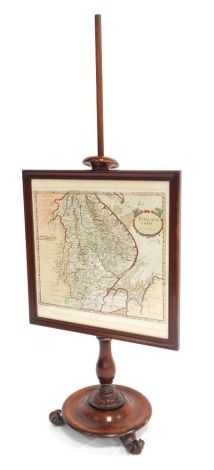 A 19thC mahogany fire screen, with inlaid Robert Morden Lincolnshire later coloured map, 123cm high.