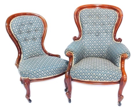 A Victorian mahogany demi-par set, comprising lady's and gentleman's chairs, each with a spoon back, on blue chequered material upholstery, with later editions, 110cm and 100cm high. (2)