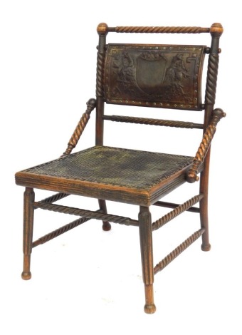 A 19thC Gothic style chair, inlaid with red leatherette upholstery and a back crest with dragons, 77cm high, 45cm wide, 46cm deep.