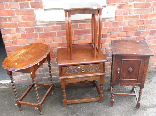 A group of furniture, to include nest of two tables, oak pot cupboard, oak side table, with carved drawer, 66cm high, etc.