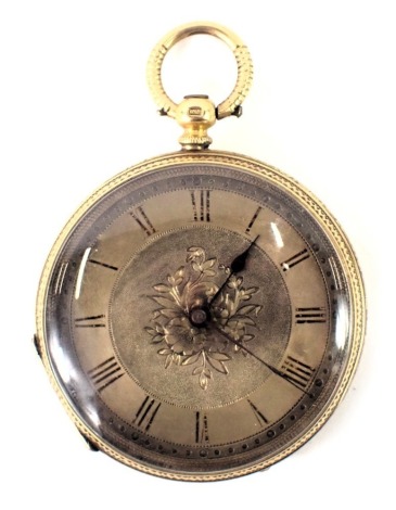 A yellow metal Continental fob watch, with a silvered floral Roman numeric dial, with central floral spray, in an embossed floral case, key wind, yellow metal, marked 18k, serial number 79585, 3.5cm wide, 43.5g all in.