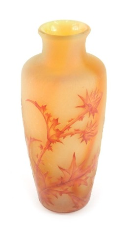 An art glass vase by Daum of Nancy, with acid etched decoration of thistles, signed to side, 17.5cm high.