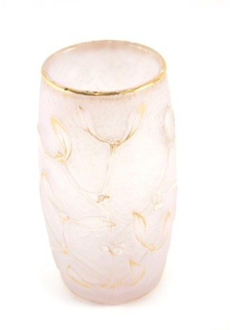 A small Daum of Nancy art glass vase, with acid etched decoration of mistletoe picked out in white enamel and gilt, signed to underside in gilt L Daum Nancy, 9.5cm high.