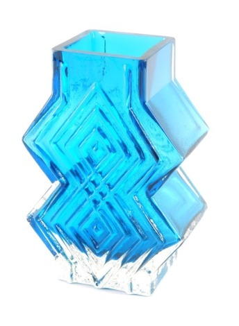 A Whitefriars turquoise double diamond shaped art glass vase, designed by Geoffrey Baxter, 16cm high.