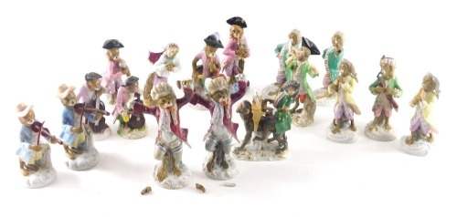 A collection of monkey band figures, to include two conductors, a figure seated on another monkey playing a piano, drummers, etc. (AF)