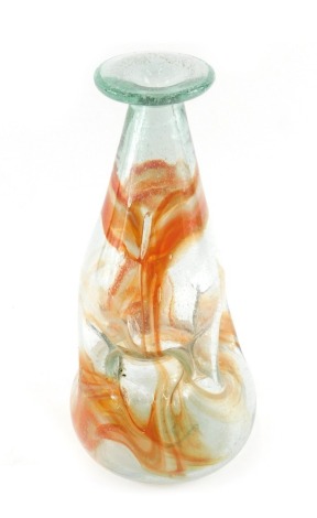 A Clutha style glass vase, with white and red marbled decoration to the indented body, engraved to underside PEY, 25cm high.