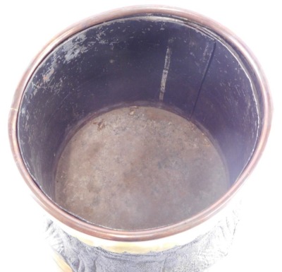 An Edwardian taxidermied elephants foot coal bucket, with a brass and copper petallated band and a metal liner, 31cm high. - 2