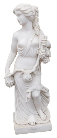 A carved marble statue of a neoclassical maiden, holding grapes, wreath etc. on square base, 120cm high.