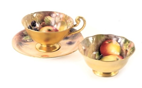 Three Royal Worcester fruit painted items, a sugar bowl decorated with apples and grapes, signed E Townsend, a cup decorated with apples and blackberries, signed R Austin, and a saucer decorated with apples, blackberry, and a strawberry, signed Stinton, p