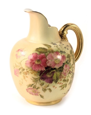 A Royal Worcester porcelain blush ivory ground ewer, decorated with pink and purple flowers and leaves, printed marks in puce and shape number 1094, 22cm high.