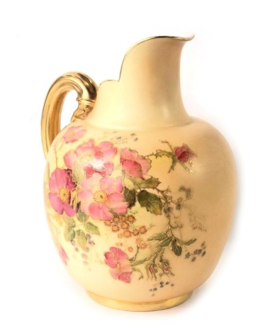 A Royal Worcester porcelain blush ivory ground ewer, decorated with pink and purple flowers and leaves, printed marks in puce and shape number 1094, 22cm high.