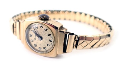 A 9ct gold cased Pioneer lady's wristwatch, with a silvered numeric dial, in square case, 1.5cm wide, on expanding gold plated bracelet, 16.6g all in.