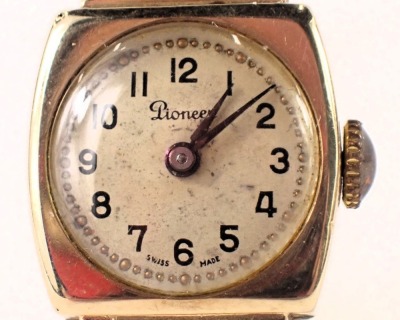 A 9ct gold cased Pioneer lady's wristwatch, with a silvered numeric dial, in square case, 1.5cm wide, on expanding gold plated bracelet, 16.6g all in. - 2