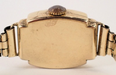 A 9ct gold cased Pioneer lady's wristwatch, with a silvered numeric dial, in square case, 1.5cm wide, on expanding gold plated bracelet, 16.6g all in. - 4