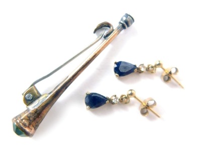 A pair of 9ct gold sapphire and diamond drop earrings, and a silver and green paste stone set bugle brooch, 4cm wide, 2.6g all in. (3)