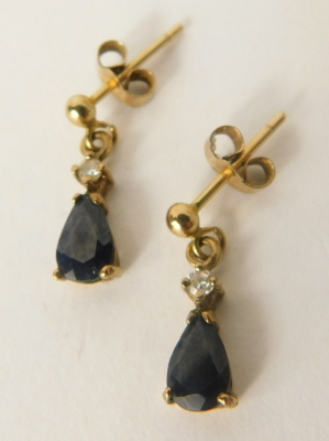 A pair of 9ct gold sapphire and diamond drop earrings, and a silver and green paste stone set bugle brooch, 4cm wide, 2.6g all in. (3) - 3