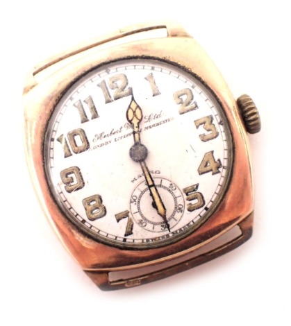 A 9ct gold cased gentleman's wristwatch, with a white enamel dial marked Herbert Bross Ltd, of London, with a 17 dual movement, 23.9g all in.