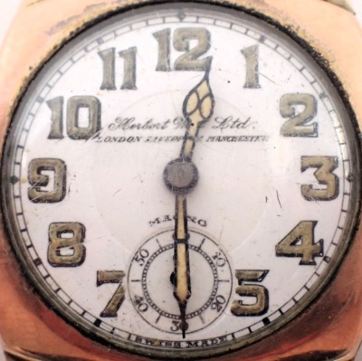 A 9ct gold cased gentleman's wristwatch, with a white enamel dial marked Herbert Bross Ltd, of London, with a 17 dual movement, 23.9g all in. - 2