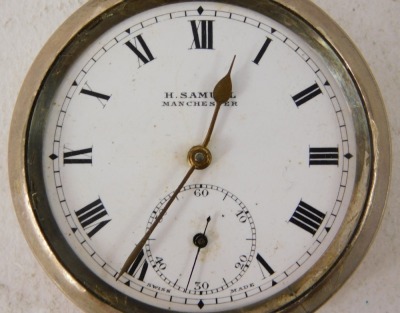 A H Samuel of Manchester silver pocket watch, the white enamel dial with Roman numeric border, seconds dial and gold hands, with import marks and numbered 1333557, 80.4g all in. - 2