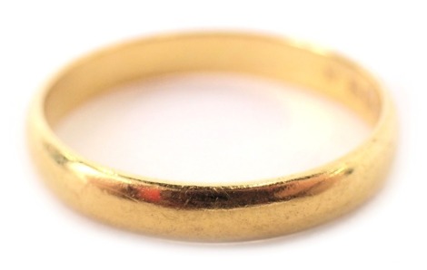 A 22ct gold wedding band, of plain design, ring size O½, 3.1g all in.