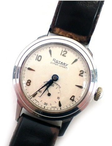 A Rotary Supersports stainless steel cased gentleman's wristwatch, with a silvered dial, with brown outer markers, blue hands and seconds dial, the dial 2.5cm diameter, on a brown leather strap.