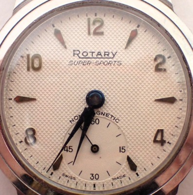 A Rotary Supersports stainless steel cased gentleman's wristwatch, with a silvered dial, with brown outer markers, blue hands and seconds dial, the dial 2.5cm diameter, on a brown leather strap. - 2