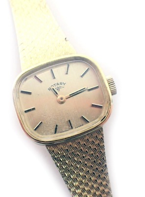 A 9ct gold Rotary lady's wristwatch, the rectangular silvered coloured dial, 2cm diameter, on a moulded bracelet, 24.5g all in.