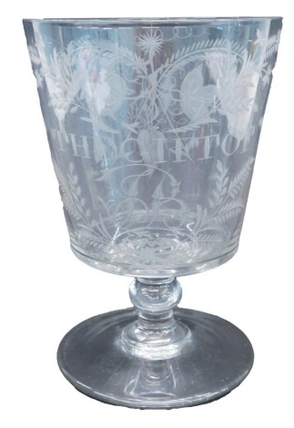 A large 19thC oversized rummer, engraved with grapes, vines, flowers, etc., ES The Gift of JB, 24cm high. (AF)