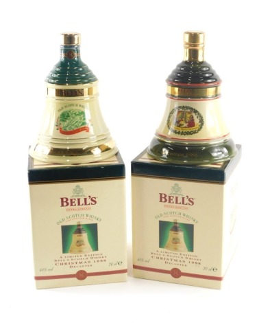 Two bottles of Bell's limited edition Christmas whisky for 1998 and 1988, one box associated.