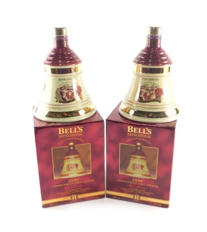 Two bottles of Bell's Extra Special Old Scotch whisky for Christmas 1996, both in red boxes.