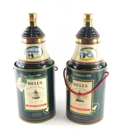 Two bottles of Bell's Extra Special Old Scotch whiskey for Christmas 1989 and 1990, both boxed.