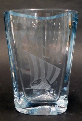 A Scandinavian art glass triangular vase, engraved with a Viking ship, seagulls, etc., indistinctly engraved, makers mark to underside, possibly Orrefors, 16.5cm high.