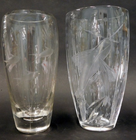 Two art glass vases, one decorated with swordfish, the other fish, possibly John Walsh Walsh, 26cm high, and 25.5cm high respectively.