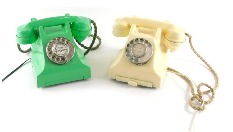 A Bakelite telephone, stamp to underside GPO batch sampled 5325, and with serial number and a jade green painted black Bakelite telephone.