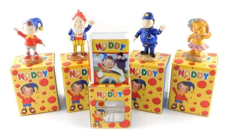 A collection of four Royal Worcester Noddy novelty figures, and a savings book and money box, all boxed. (5)