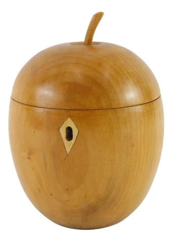 A turned fruitwood tea caddy, modelled in the form of an apple, probably late 20thC/early 21stC, 15cm high.