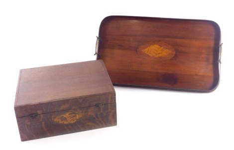 A figured mahogany shell inlaid tray, with two brass handles, 52cm wide, and an oak shell inlaid box. (2)