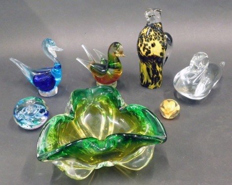 A collection of art glass, to include a Murano style triangular bowl, a Swedish clear art glass duck, engraved Ronneby, with original label, etc.