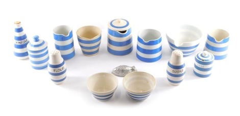 A collection of T&G Green Cornishware, to include a mixing bowl, jug, etc., and other similar pieces from various factories.