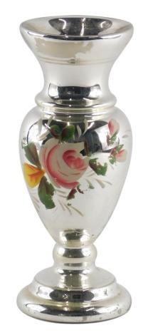 A Victorian silvered mirror glass vase, painted with rose, 28cm high.