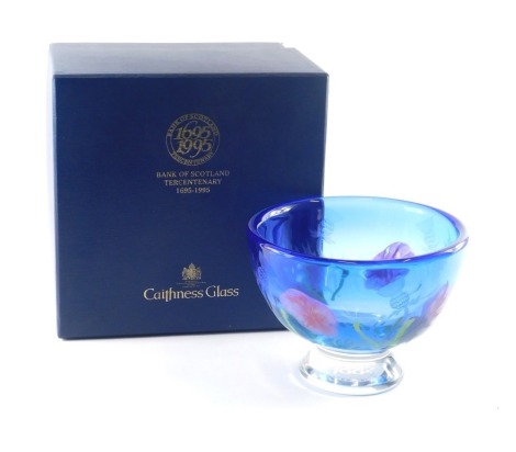 A Caithness glass bowl, decorated with flowers, made to commemorate the Tercentenary of the Bank of Scotland, in presentation box.