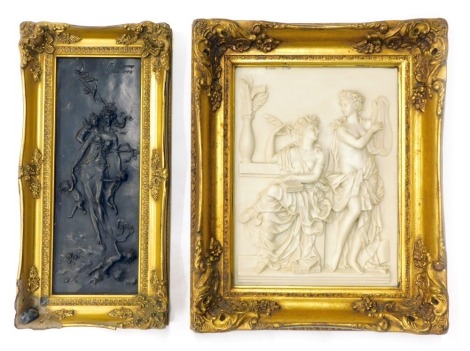 A bronze effect plaque, bearing name F Duguarry, Paris 1892, and a marble effect piano of neoclassical nudes, both in gilt frames.