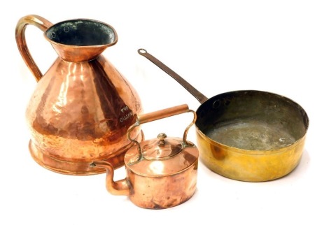 A large copper flagon, with shaped handle and seal mark, preserve pan, and a copper kettle and cover. (3)