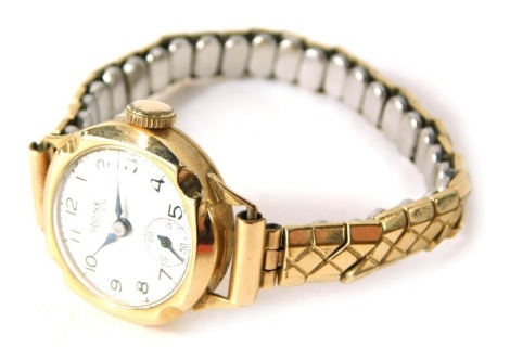 A Rone 9ct cased ladies wristwatch, with a cream numeric dial with second dial, 1.5cm diameter, on expanding gold plated bracelet, 16.5g all in, in Rone box.