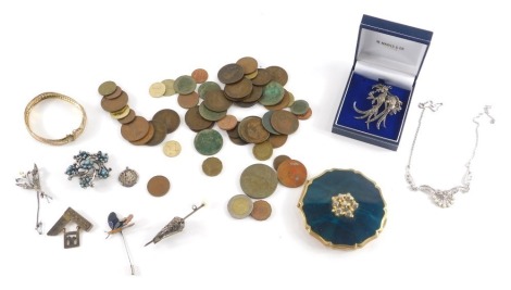 A group of costume jewellery, comprising a silver gilt bracelet, turquoise set costume brooch, pre-decimal decimal coinage, marcasite necklace, decorative compact, etc. (1 tray)