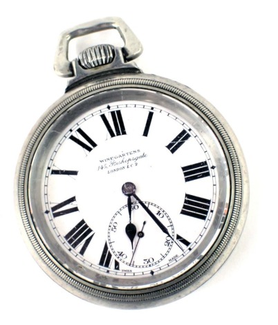 A Winegartens of Bishopgate London railway regulator pocket watch, with white enamel Roman numeric dial and seconds dial with blue hands, in plated case, boxed.