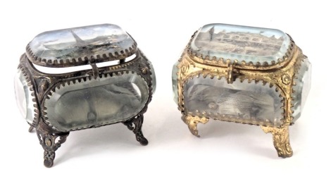 Two Taurus ware crystal jewellery caskets, one depicting a painted panel of the Eiffel Tower, etc., 7cm high.