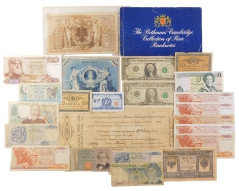 A group of foreign banknotes, comprising a German one thousand mark, United States of America one dollars, Portuguese bank notes, etc. (a quantity)