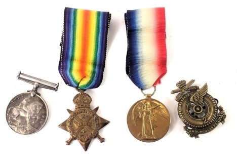 Three World War I medals, comprising The Great War for Civilisation 1914-19 medal, 1914 Star, and the George V War medal, inscribed 23380 A CPL H DRURY RE, and the 1914 Star inscribed 23380 SAPR H DRURY RE, and an Armoured Car Regiment II cap badge. (4)